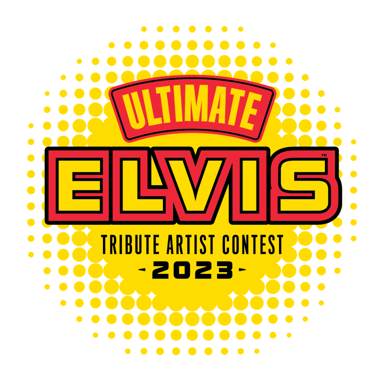 Yellow logo that says Ultimate Elvis Tribute Artist Contest 2023